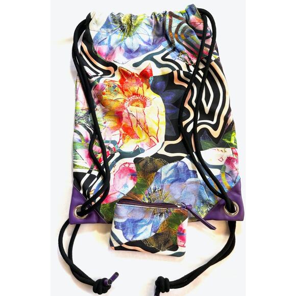 Pelletini Purple /Multi color Drawstring Backpack/Purse Chery Blossom Collection - Picture 4 of 5